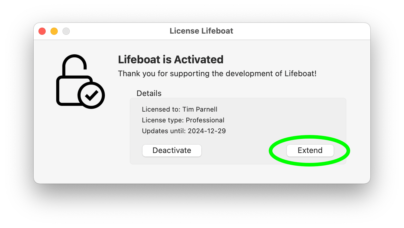 Lifeboat License window with Extend button