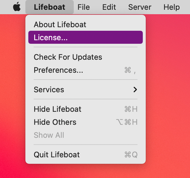 Lifeboat License menu on macOS