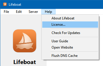 Lifeboat License menu on Windows